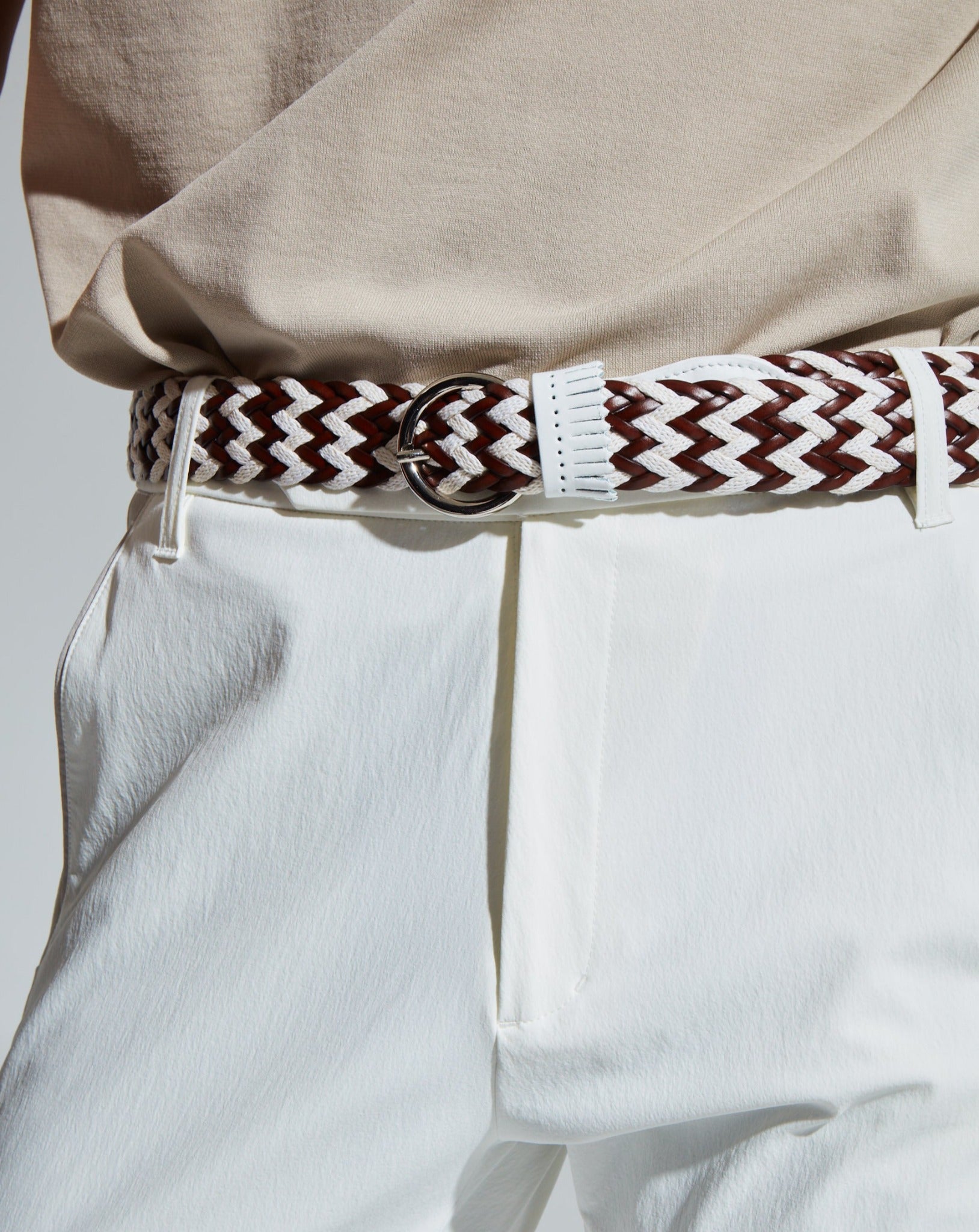 WHITE LEATHER COTTON MESH BELT FRINGE