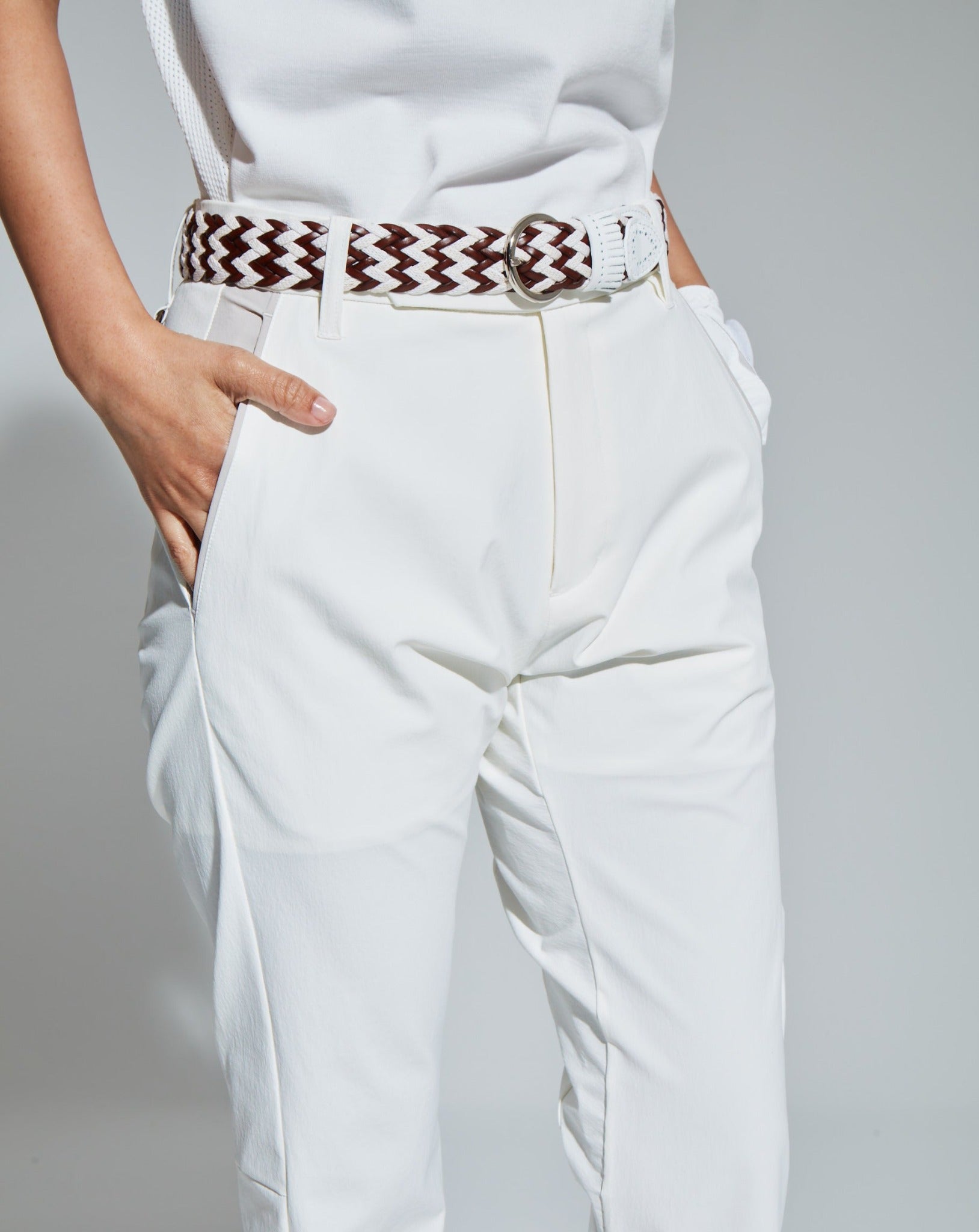 WHITE LEATHER COTTON MESH BELT FRINGE